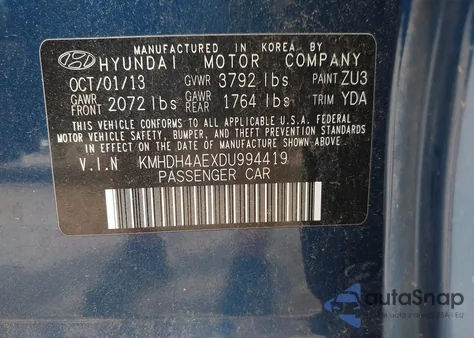2013 Hyundai Elantra Gls from USA, damaged, VIN KMHDH4AEXDU994419